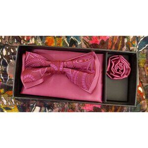 NEW Pierre Cardin Pink Paisley Satin Bow Tie, Pocket Square, Lapel Flower.